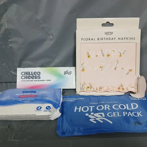 APPROXIMATELY 10 ASSORTED ITEMS TO INCLUDE - AIRUPCHILLED CHEERS , FLORAL BIRTHDAY NAPKINS ETC