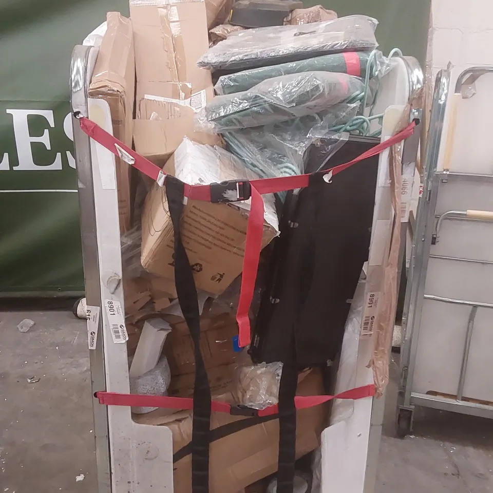 CAGE CONTAINING A LARGE QUANTITY OF ASSORTED ITEMS INCLUDING: CLOTHES HANGERS, GRANITE PESTLE AND MORTAR, CHRISTMAS TREE STORAGE BAGS, FOAM ROLLER ECT // CAGE NOT INCLUDED