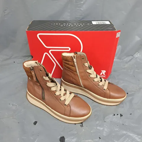 BOXED PAIR OF RIEKER BROWN DOUBLE ZIP BOOT UK 7.5