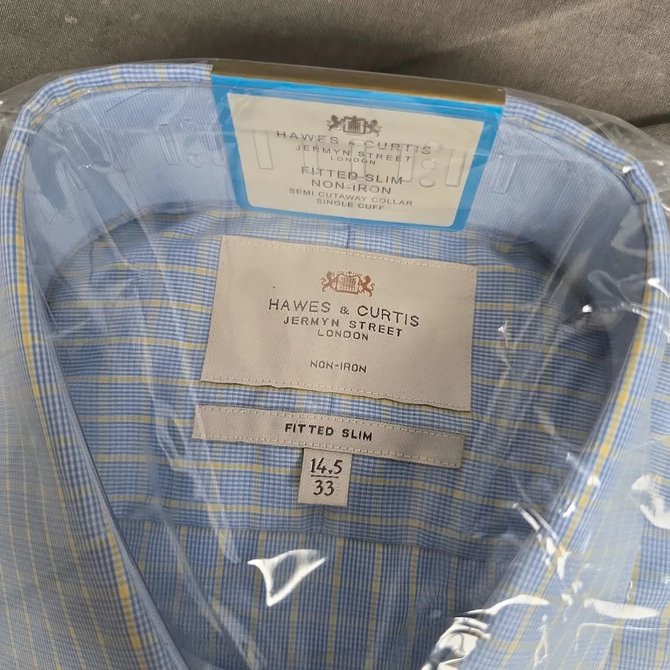 BAGGED HAWES & CURTIS SLIM FIT SHIRT – BLUE & YELLOW CHECK, 14.5IN COLLAR, 33IN SLEEVE