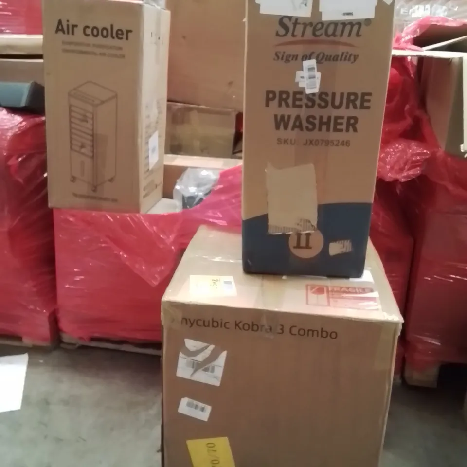 PALLET CONTAINING VARIOUS ASSORTED BOXED HOUSEHOLD ITEMS TO INCLUDE: KOBRA 3 3D PRINTER, PRESSURE WASHER, AIR COOLER AND LOTS MORE UNMARKED BOXED ITEMS 