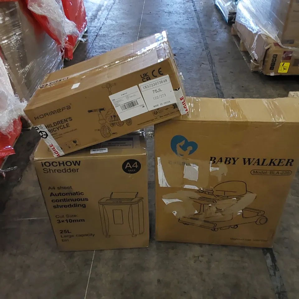 PALLET OF ASSORTED HOUSEHOLD ITEMS AND CONSUMER PRODUCTS. INCLUDES BABY WALKER, CONTINUOUS PAPER SHREDDER, CHILDREN'S TRICYCLE ETC