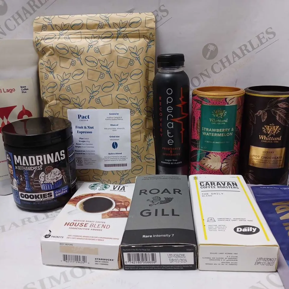 LOT OF APPROX 12 ASSORTED DRINK ITEMS TO INCLUDE PACT COFFEE FRUIT & NUT ESPRESSO, WHITTARD STRAWBERRY & WATERMELON INSTANT TEA, STARBUCKS HOUSE BLEND MEDIUM ROAST COFFEE, ETC 