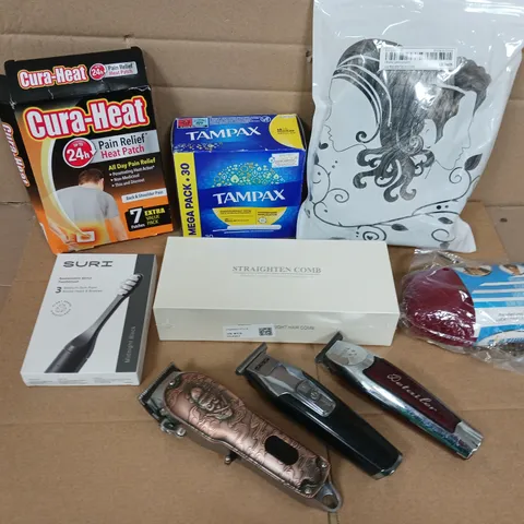 APPROX 12 ASSORTED BEAUTY PRODUCTS TO INCLUDE WAHL CLIPPERS, TAMPAX, CURA-HEAT PAIN RELIEF, ETC