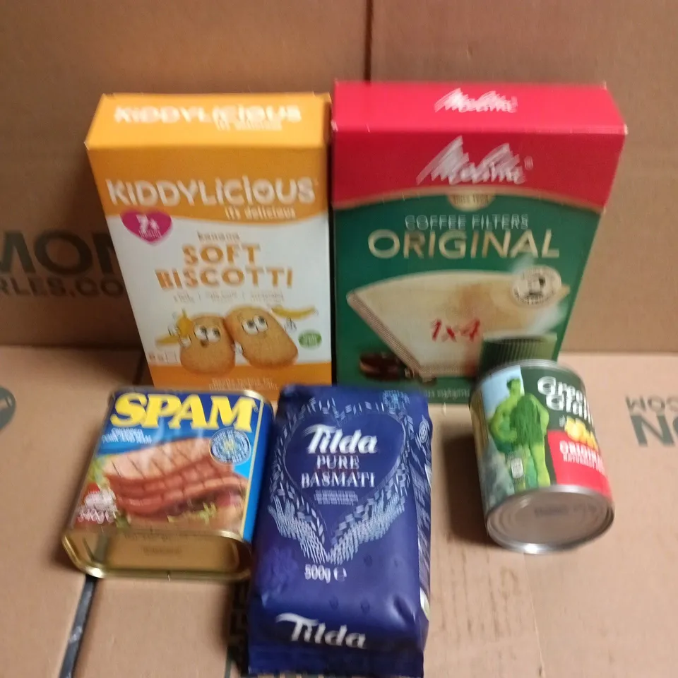 APPROXIMATELY 10 ASSORTED FOOD/DRINK PRODUCTS TO INCLUDE SPAM, TILDA RICE, SOFT BISCOTTI ETC