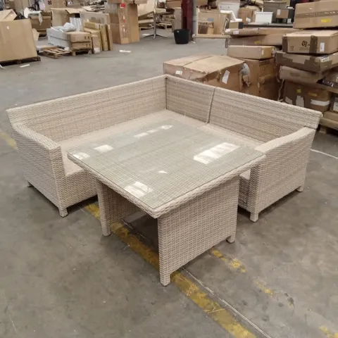 DESIGNER RATTAN CORNER SOFA AND TABLE // MISSING CUSHIONS