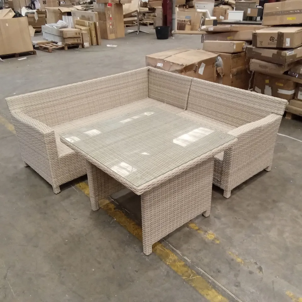 DESIGNER RATTAN CORNER SOFA AND TABLE // MISSING CUSHIONS