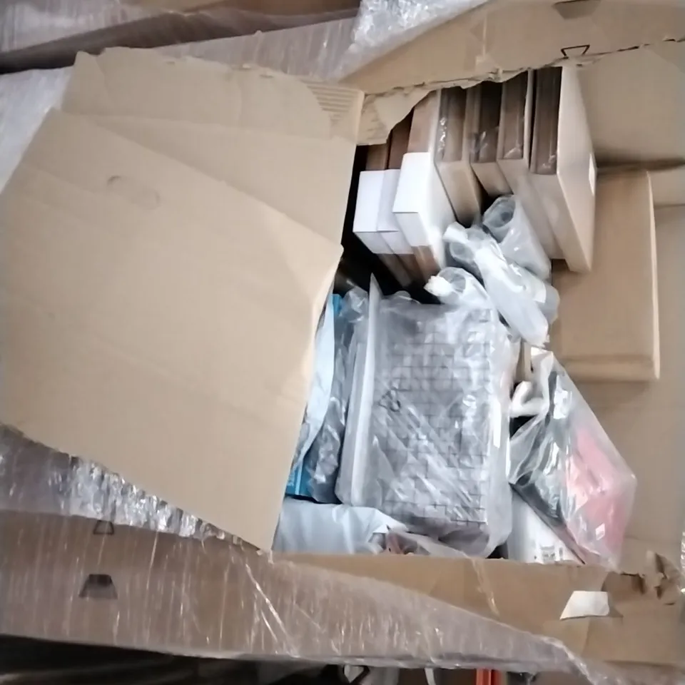 PALLET OF ASSORTED HOUSEHOLD ITEMS TO INCLUDE 3-APETURE FRAMES, CANVAS WALL ART, 40L BACKPACKS AND SPA BATH PILLOWS 