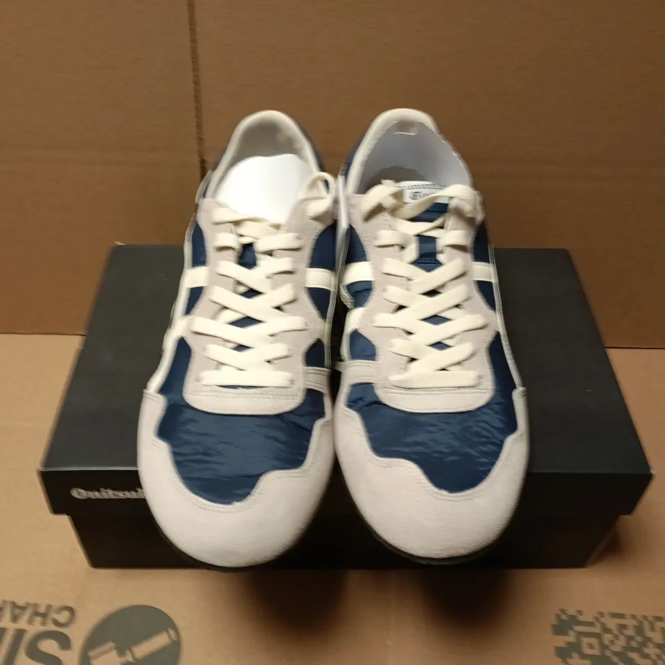 BOXED PAIR OF ONITSUKA SERRANO TRAINERS IN MAKO BLUE/CREAM - UK 10