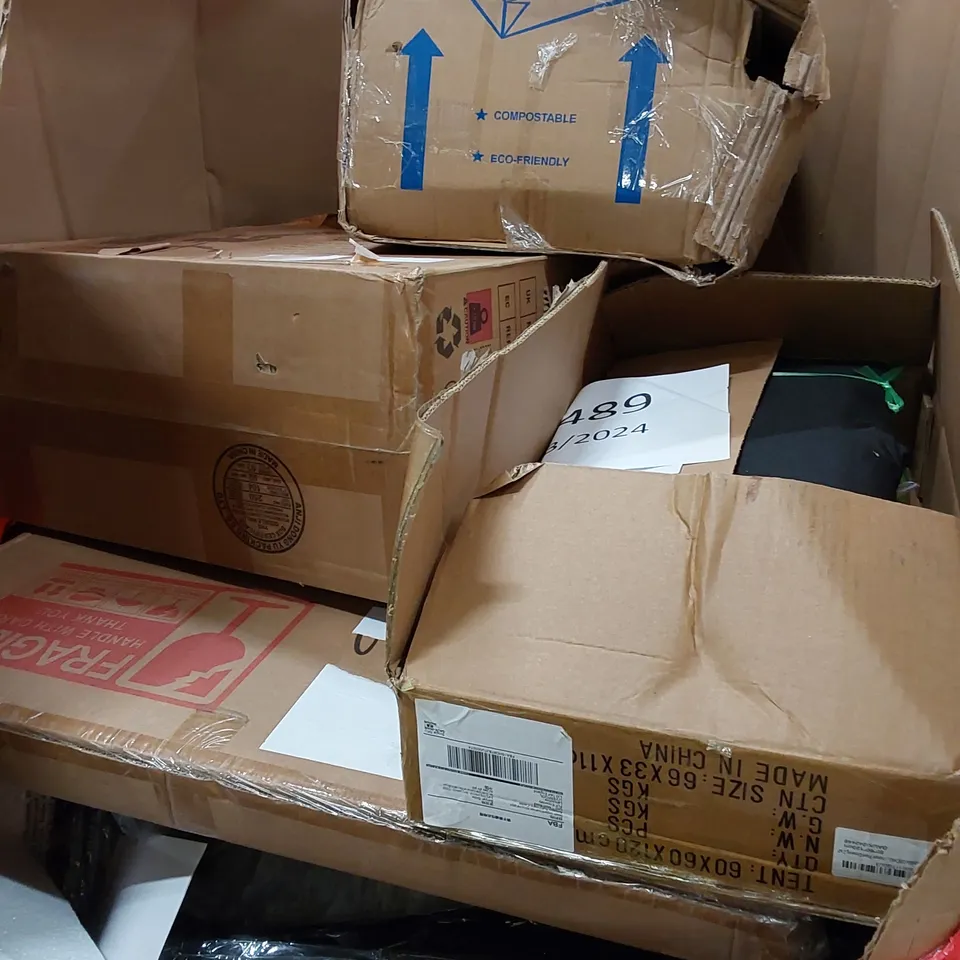PALLET OF ASSORTED HOUSEHOLD ITEMS AND CONSUMER PRODUCTS. INCLUDING OFFICE CHAIR, MIRROR, BOXED FURNITURE ETC