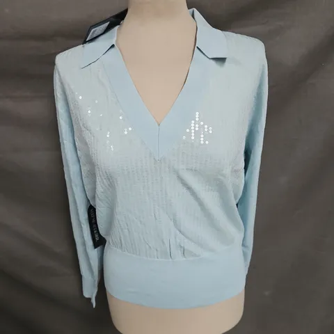 MINT SEQUIN KNIT POLO TOP IN BLUE SIZE XL