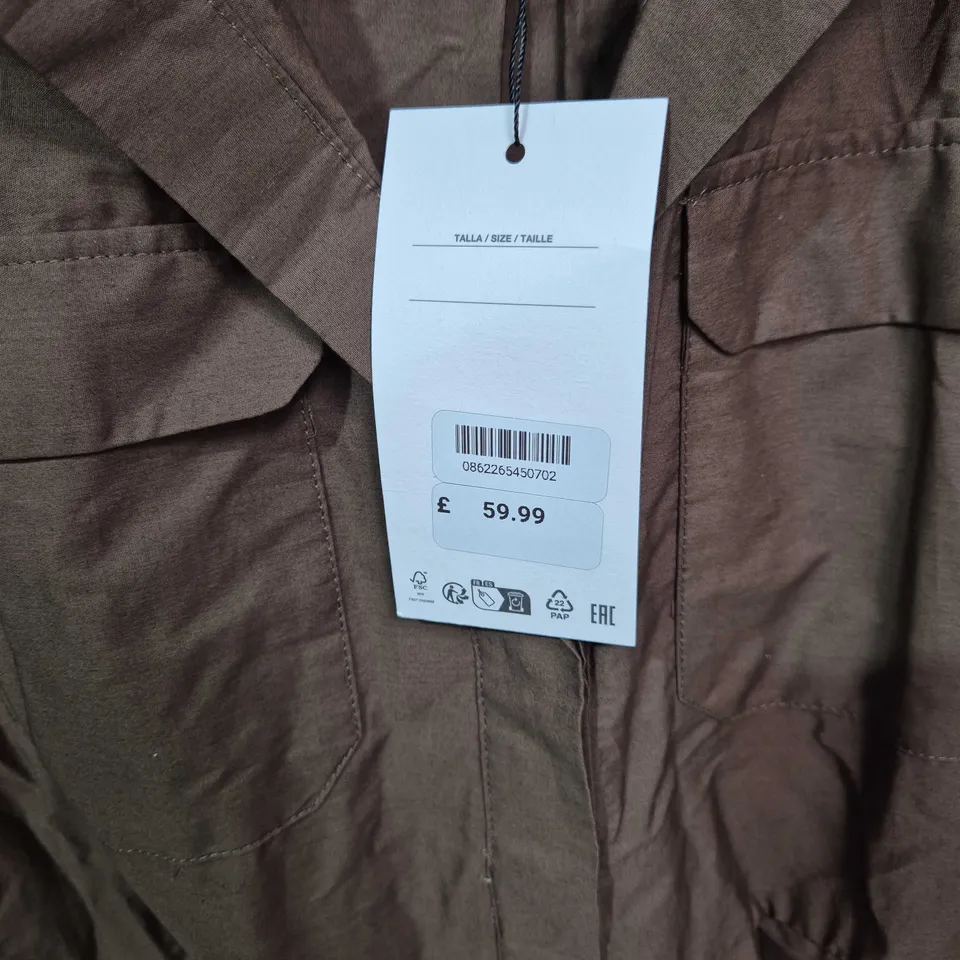 ZARA WOMEN’S BELTED LONG COAT IN BROWN – CARGO/UTILITY STYLE. SMALL