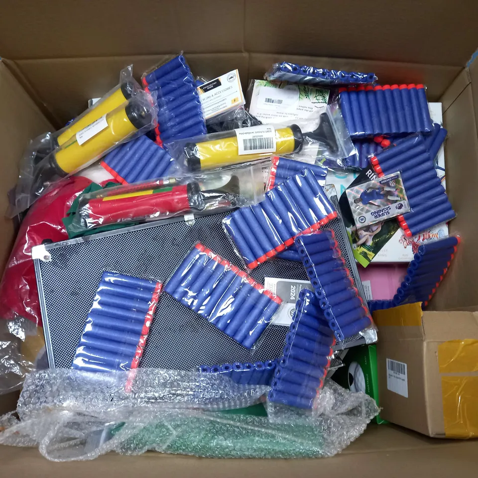 LARGE BOX OF ASSORTED TOYS AND GAMES TO INCLUDE TEDDIES, SCARBBLE AND FOOTBALL CARDS