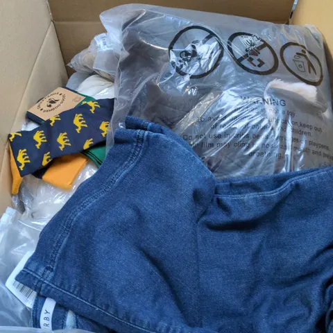 LARGE BOX OF APPROXIMATELY 25 ASSORTED CLOTHING ITEMS IN VARIOUS COLOURS, STYLES AND SIZES - COLLECTION ONLY