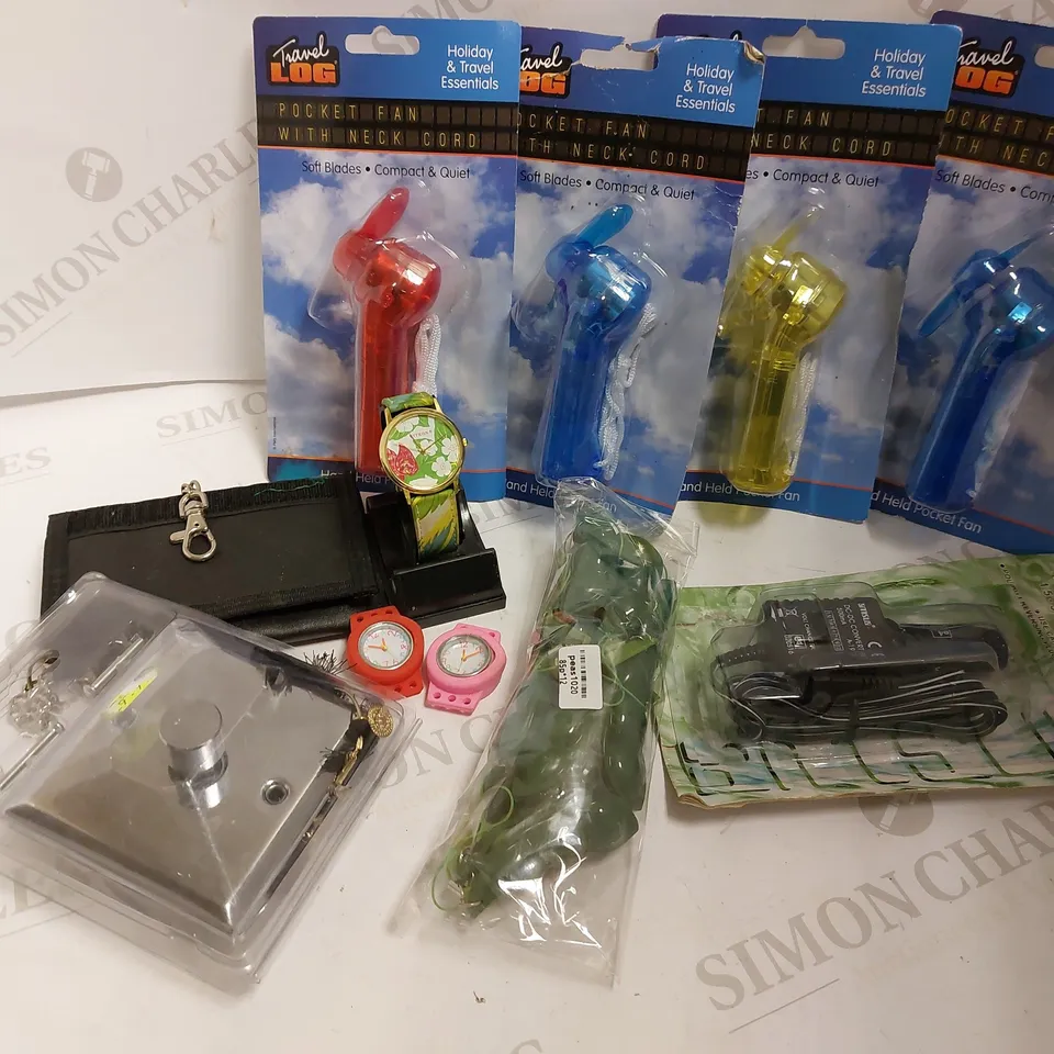 LOT OF 10 ITEMS INCLUDING 4 POCKET FANS, HAND WATCHES, DC/DC CAR CONVERTER