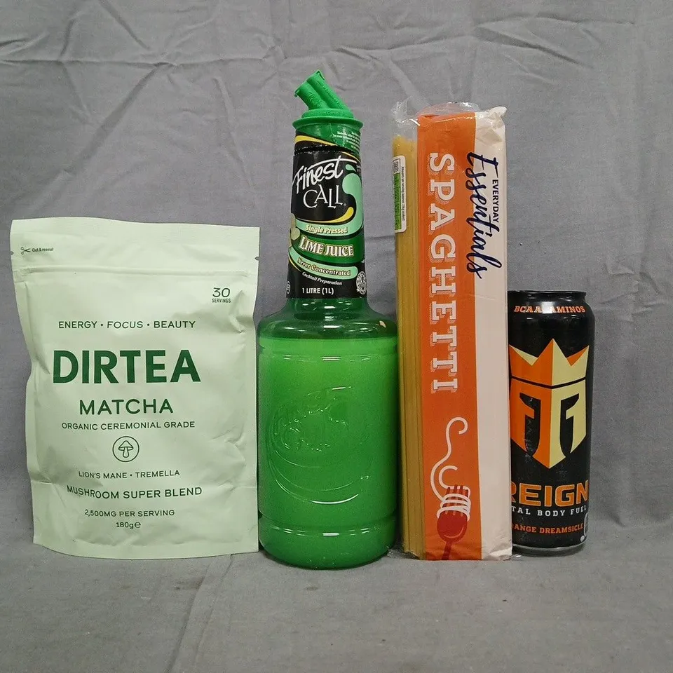 APPROXIMATELY 10 ASSORTED FOOD AND DRINK ITEMS TO INCLUDE REIGN ENERGY DRINK, SPAGHETTI, LIME JUICE