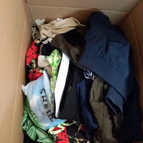 BOX OF ASSORTED CLOTHING ITEMS TOO INCLUDE DRESSES , SHIRTS AND TROUSERS IN VARIOUS SIZES AND COLOURS