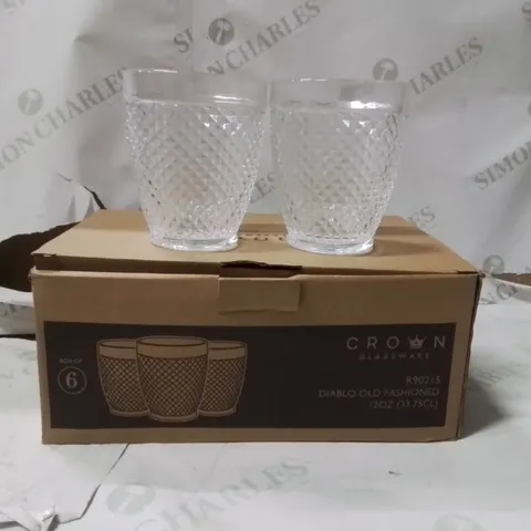 BOXED CROWN GLASSWARE DIABLO OLD FASHIONED GLASSES APPROXIMATELY 6