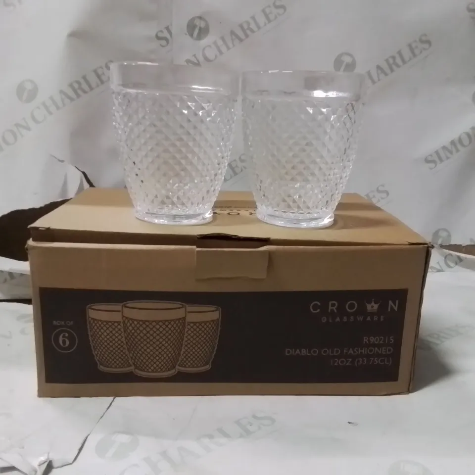 BOXED CROWN GLASSWARE DIABLO OLD FASHIONED GLASSES APPROXIMATELY 6