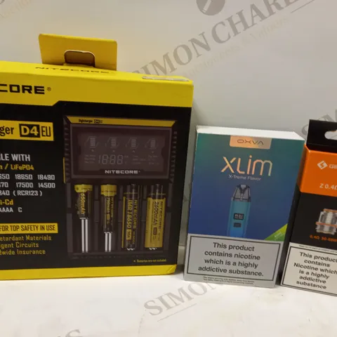 BOX OF 25 VAPING DEVICES AND ACCESSORIES TO INCLUDE NITECORE DIGICHARGER D4EU, XLIM VAPE AND GEEKVAPE COILS