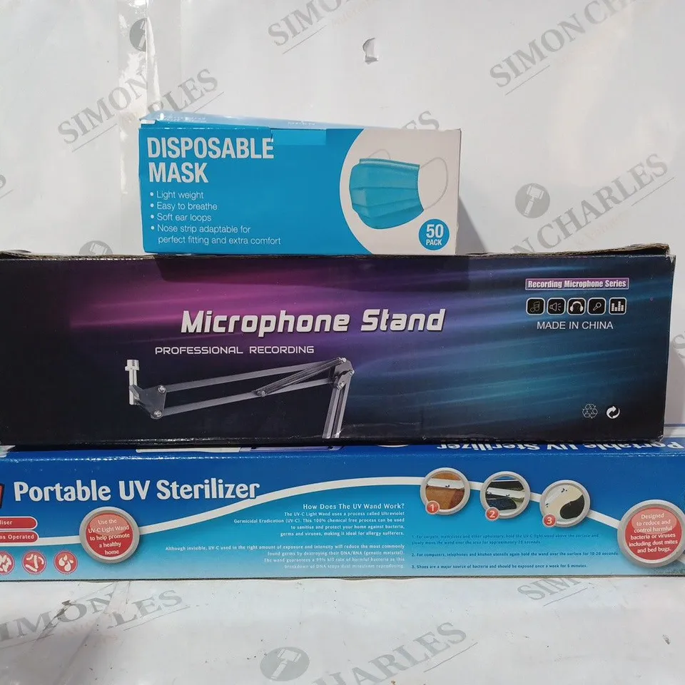 BOX OF APPROXIMATELY 15 ASSORTED HOUSEHOLD ITEMS TO INCLUDE DISPOSABLE MASKS, MICROPHONE STAND, PORTABLE UV STERILIZER, ETC