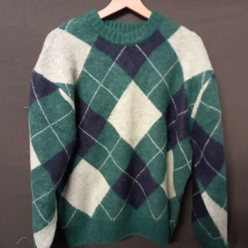 RIVER ISLAND OVERSIZE CHECKER SWEATER IN GREEN/BLACK/YELLOW - MEDIUM