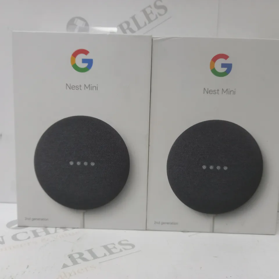 2 BRAND NEW BOXED GOOGLE NEST MINI 2ND GENERATION SMART SPEAKERS - CHARCOAL (UNSEALED)