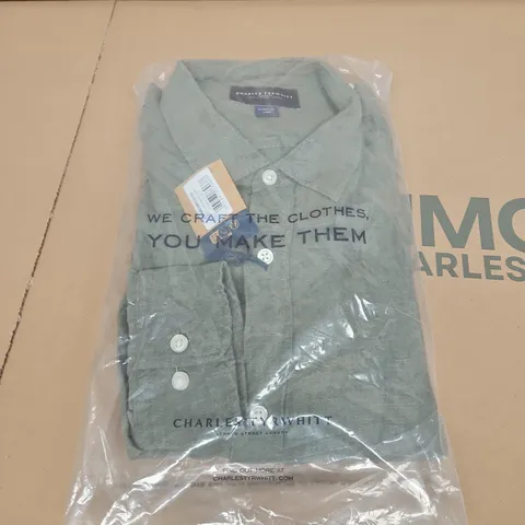 CHARLES TYRWHITT OLIVE GREEN PURE LINEN CLASSIC FIT SHIRT – MEN'S - SIZE L