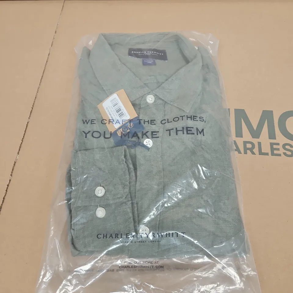 CHARLES TYRWHITT OLIVE GREEN PURE LINEN CLASSIC FIT SHIRT – MEN'S - SIZE L