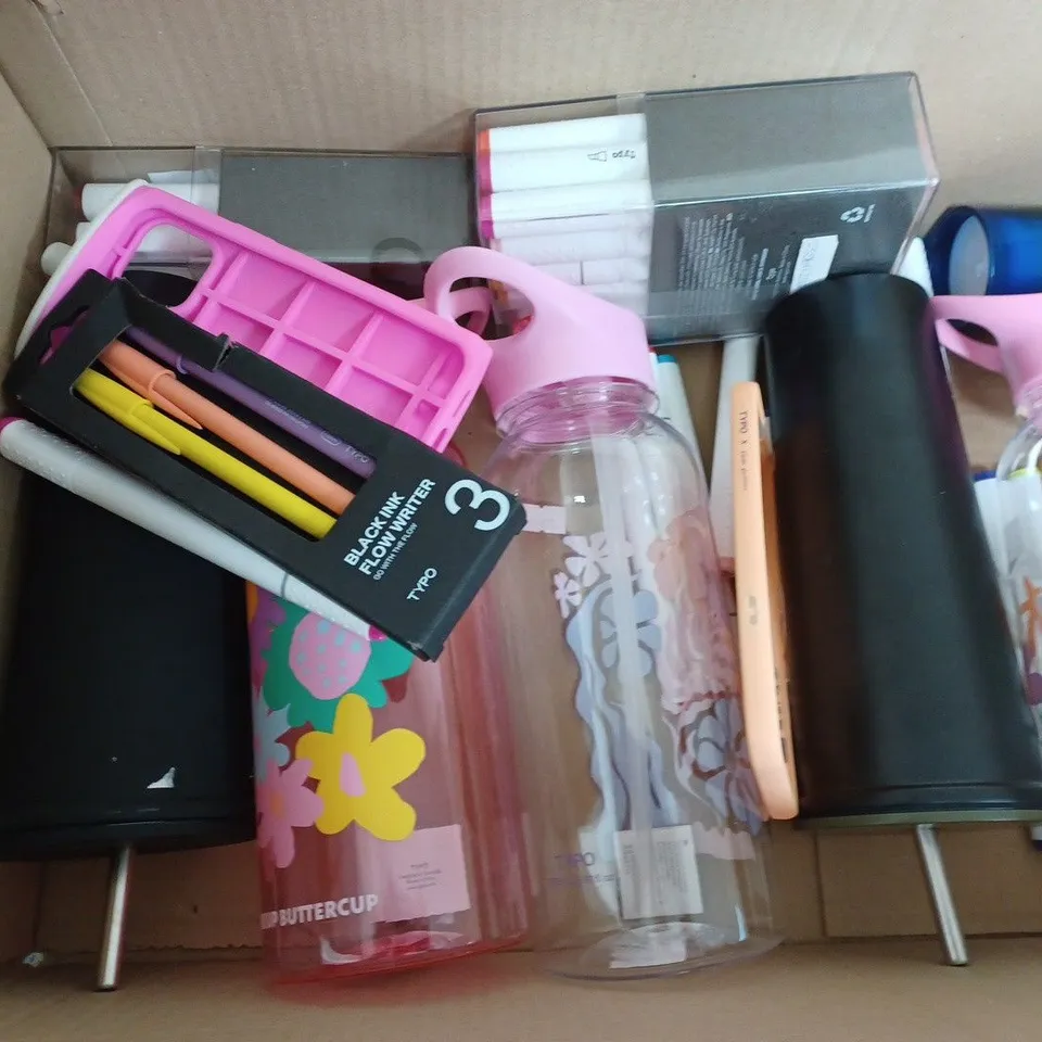 MEDIUM BOX OF ASSORTED HOUSEHOLD ITEMS TOO INCLUDE BOTTLES , DIARY'S AND MARKER PENS
