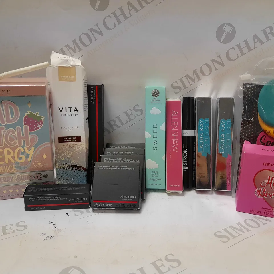 LOT OF APPROX 12 ASSORTED MAKEUP PRODUCTS TO INCLUDE PLOUISE BAD BITCH ENERGY JUICE LIP SET, REVOLUTION SHIMMER BLUSH, SWEED CLOUD MASCARA, ETC