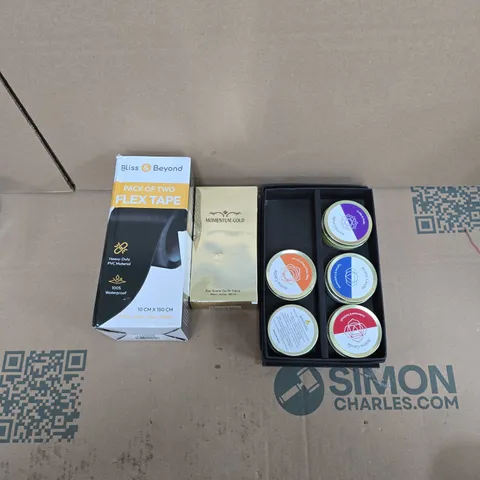 LARGE QUANTITY OF ASSORTED ITEMS TO INCLUDE ASSORTED SCENTED CANDLES, MENS MOMENTUM GOLD AFTERSHAVE, PACK OF 2 FLEX TAPE, ETC - COLLECTION ONLY