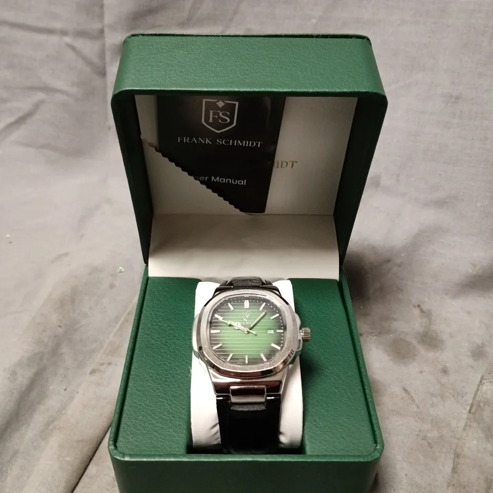 FRANK SCHMIDT WATCH – TEXTURED DIAL WITH DATE – LEATHER STRAP – 3ATM WATER RESISTANT – GIFT BOX