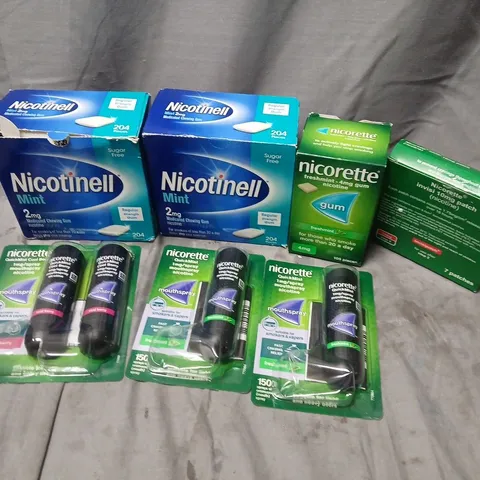 APPROXIMATELY 15 ASSORTED SMOKING PREVENTION AIDS TO INCLUDE NICOTINELL GUM, NICORETTE QUICK MIST, NICORETTE PATHCES, ETC