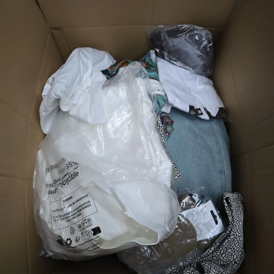 LARGE BOX OF APPROXIMATELY 25 ASSORTED CLOTHING ITEMS IN VARIOUS COLOURS, STYLES AND SIZES - COLLECTION ONLY