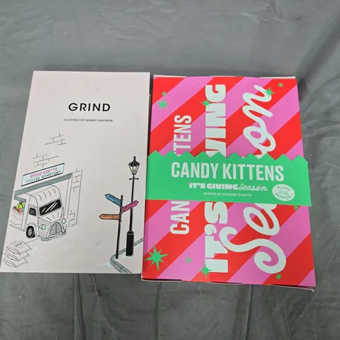 LOT OF 2 EDIBLE ADVENT CALENDARS INCLUDES CANDY KITTEN AND GRIND