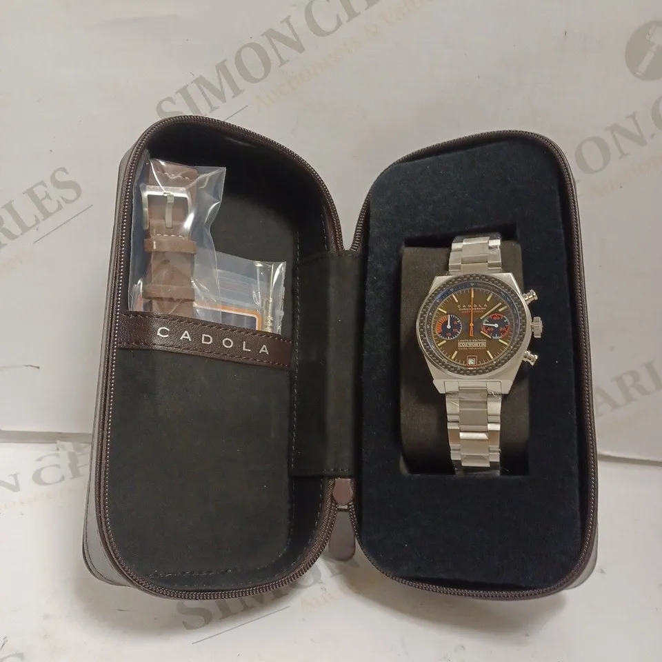 BOXED CADOLA COSWORTH LIMITED EDITION WATCH - ALL STAINLESS STEEL, LEATHER STRAP - CHRONOGRAPH - WATER RESITANT 10 ATM - CARBON FIBRE DETAIL - SUB DIAL. 
