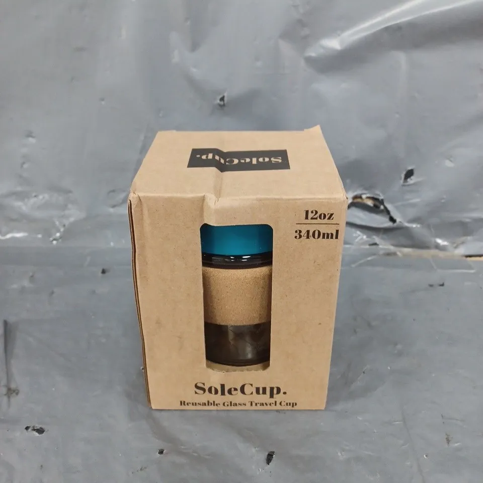 BOXED SOLECUP 340ML GLASS TRAVEL CUP - BLUE 