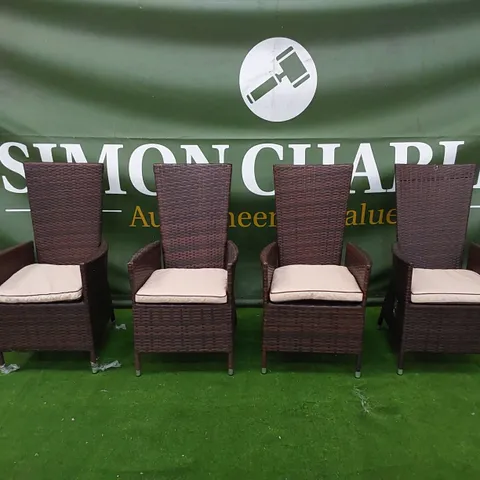 4 X DESIGNER MANUAL RECLINER GARDEN CHAIRS IN CHOCOLATE MIX RATTAN WITH CUSHIONS
