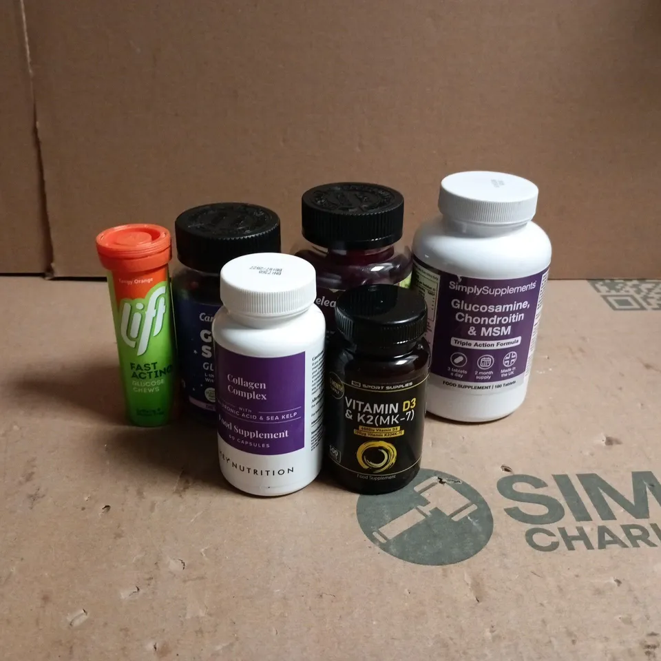 TOTE OF APPROXIMATELY 20 ASSORTED VITAMINS/SUPPLEMENTS TO INCLUDE COLLAGEN COMPLEX, GOOD SLEEP GUMMIES, LIFT GLUCOSE CHEWS ETC