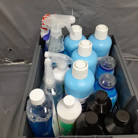 TOTE OF APPROX 10 CLEANING PRODUCTS TO INCLUDE , STERILISING LIQUID , ALL PURPOSE CLEANER , ETC
