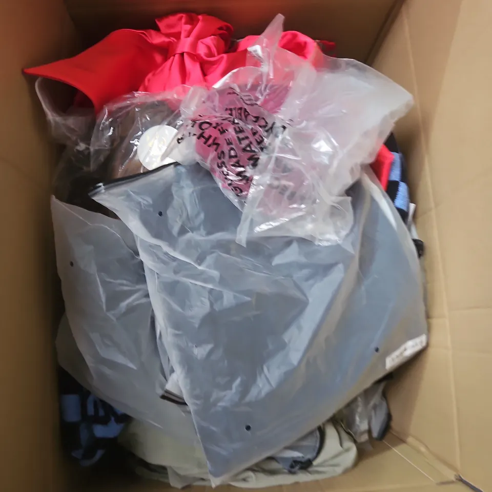 LARGE BOX OF APPROXIMATELY 25 ASSORTED CLOTHING ITEMS IN VARIOUS COLOURS, STYLES AND SIZES - COLLECTION ONLY