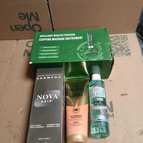 TOTE OF APPROXIMATELY 22 ASSORTED COSMETIC ITEMS TO INCLUDE CUPPING MASSAGE INSTRUMENT, NOVA HAIR SHAMPOO, PANTENE GROW ABUNDANT CONDITIONER, SOAP AND GLORY TONIC ETC