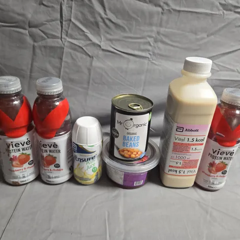 APPROXIMATELY 5 ASSORTED FOOD &DRINK ITEMS TO INCLUDE - BAKED BEANS, PROTEIN WATER AND MILK- COLLECTION ONLY