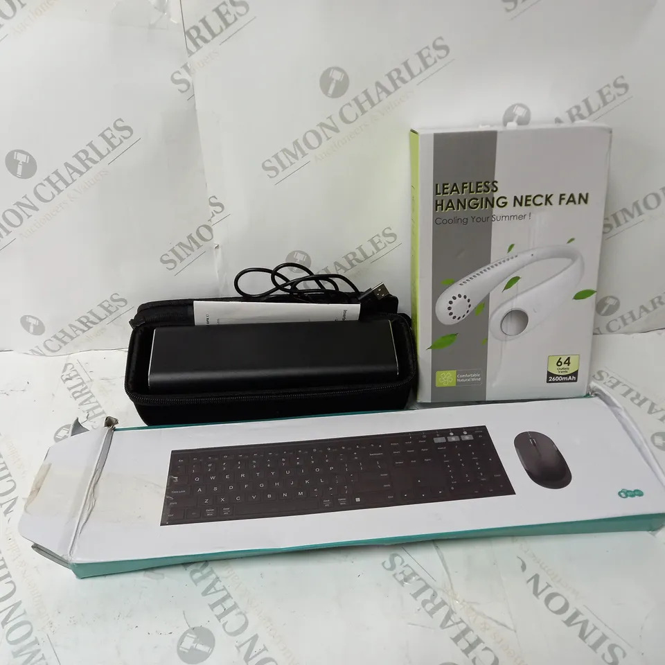 APPROXIMATELY 10 ASSORTED ITEMS TO INCLUDE INVERTER AC POWER SUPPLY, KEYBOARD AND MOUSE, LEAFLESS HANGING NECK FAN