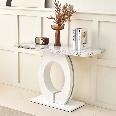 BRAND NEW BOXED HALO CONSOLE TABLE IN MILO MARBLE EFFECT TOP AND WHITE BASE (3 BOXES)