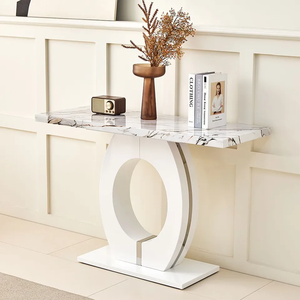 BRAND NEW BOXED HALO CONSOLE TABLE IN MILO MARBLE EFFECT TOP AND WHITE BASE (3 BOXES)