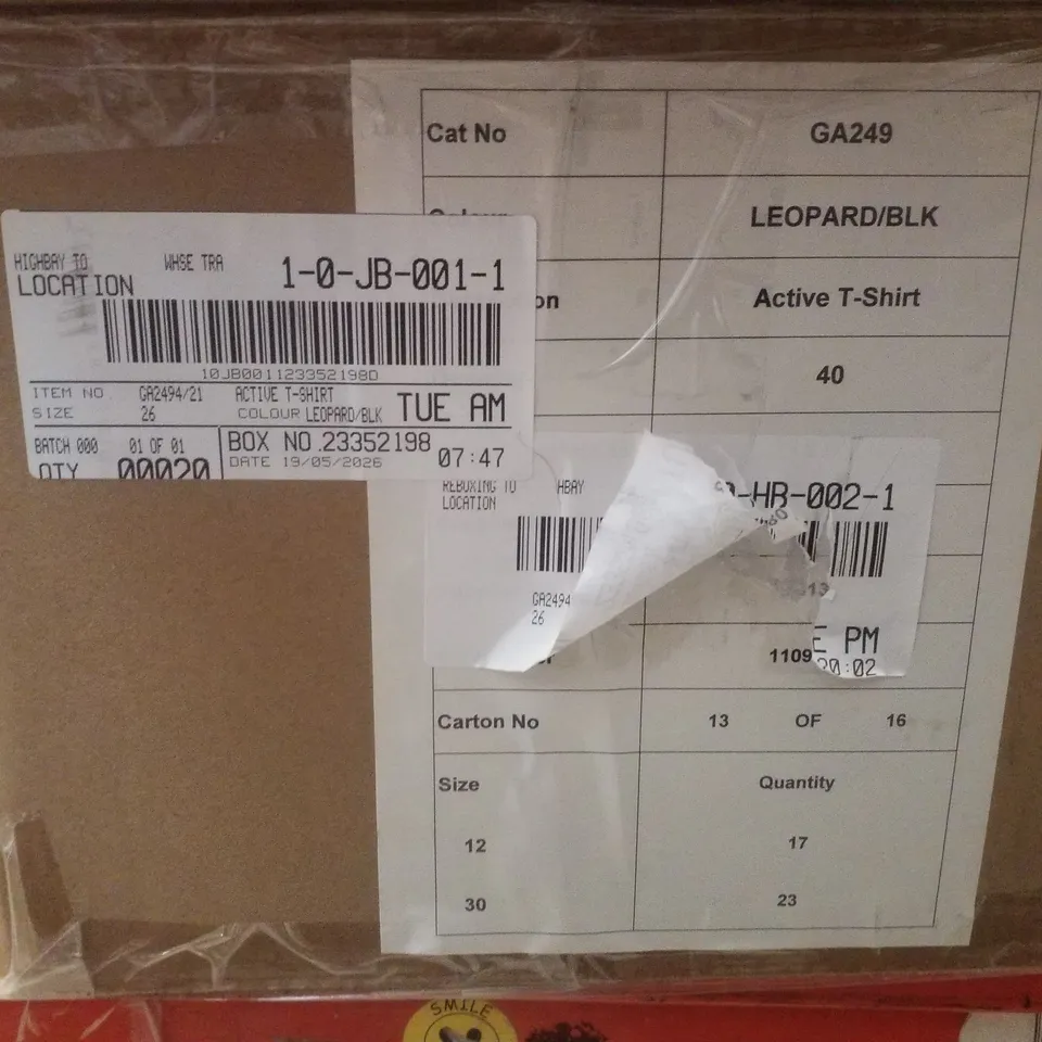 BOX CONTAINING APPROXIMATELY 20 BRAND NEW SIMPLY BE LEOPARD/BLACK ACTIVE TSHIRT - SIZE 26