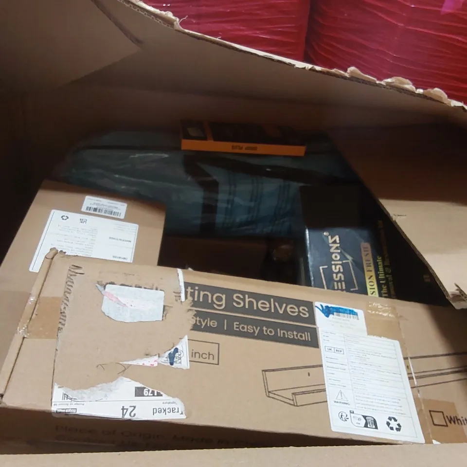 PALLET OF ASSORTED ITEMS INCLUDING: MAKE-UP REMOVAL & RESTORATION KITS, GLASS PAINT, TRIANGLE POWDER PUFFS, HAND EXTENSION EXERCISER, FLOATING SHELVES ECT