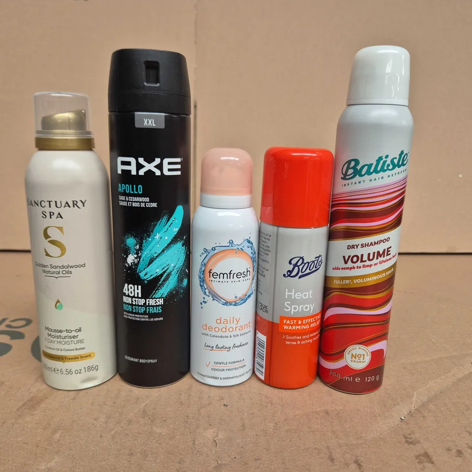 APPROXIMATELY 15 ASSORTED AEROSOLS TO INCLUDE AXE , HEAT SPRAY AND FEMFRESH